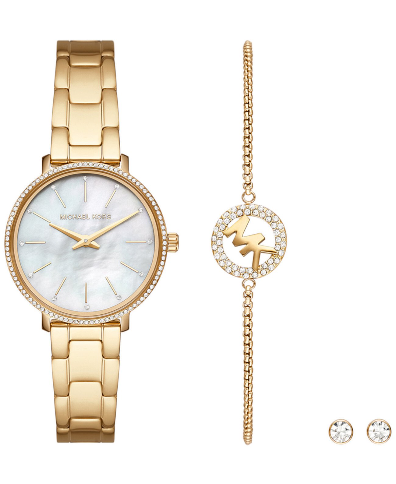 Женские часы Pyper с золотым браслетом из нержавеющей стали с двумя стрелками, 32 мм, набор с серьгами, 3 предмета Michael Kors