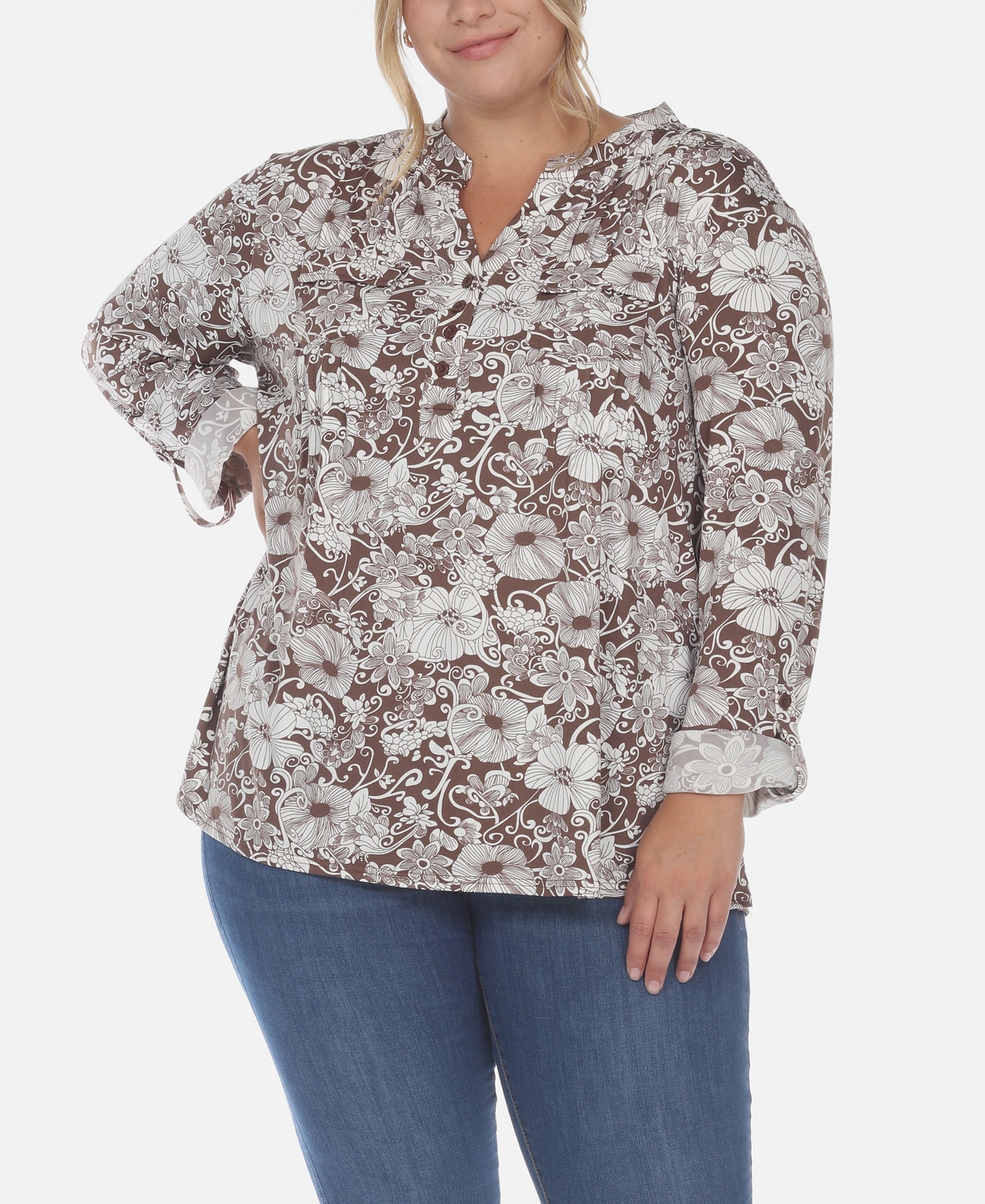 Женская Блузка White Mark Plus Size Pleated Long Sleeve Floral Print White Mark