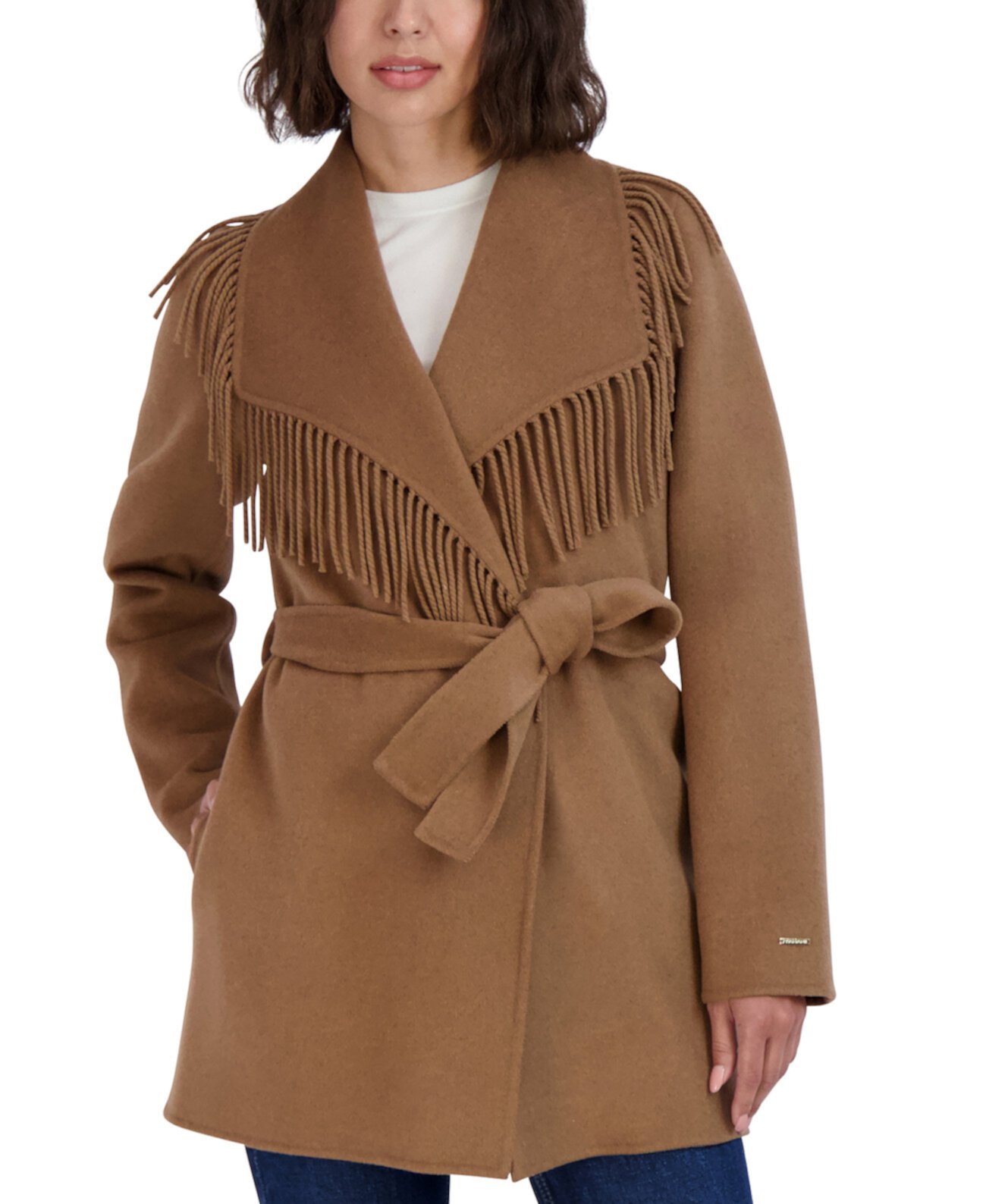 Женское пальто Frankie с поясом и отделкой бахромой Tahari