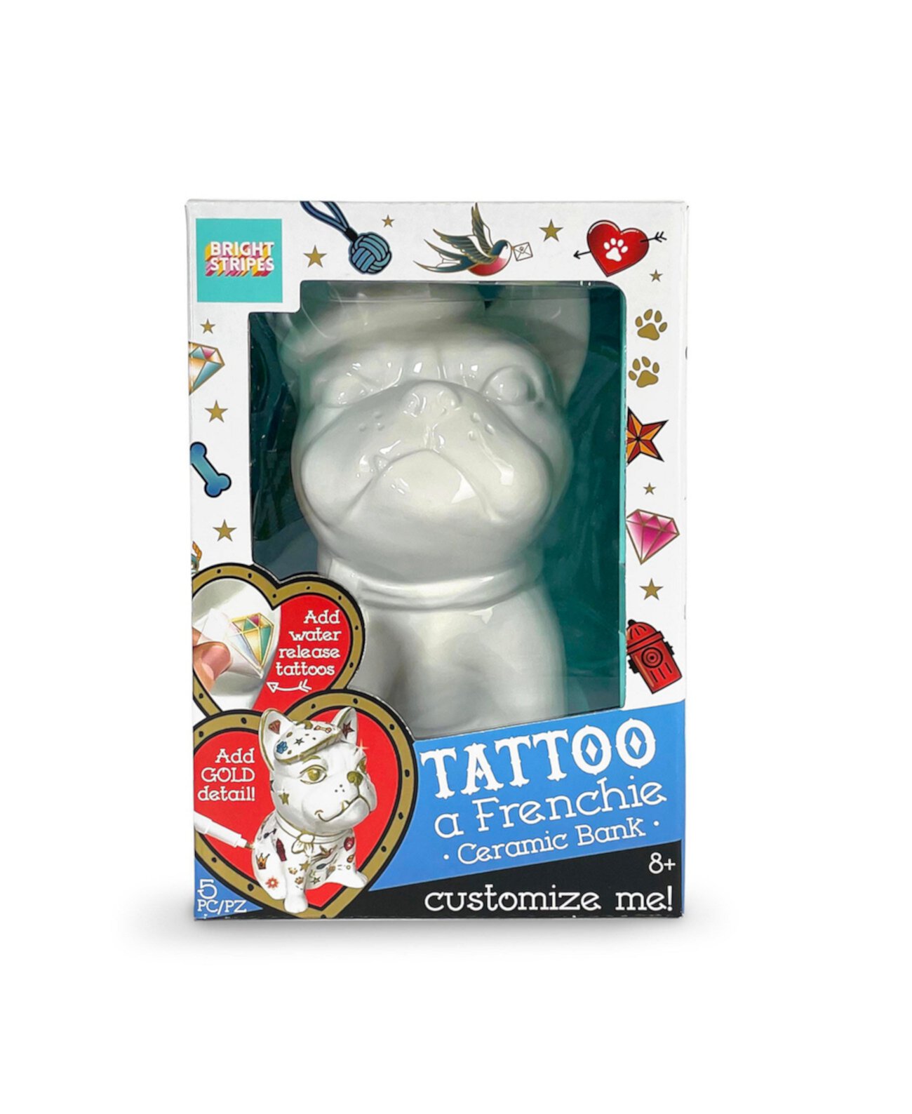 Tattoo a Frenchie Decorate a Ceramic Bank Craft Kit, 5 Pieces Bright Stripes