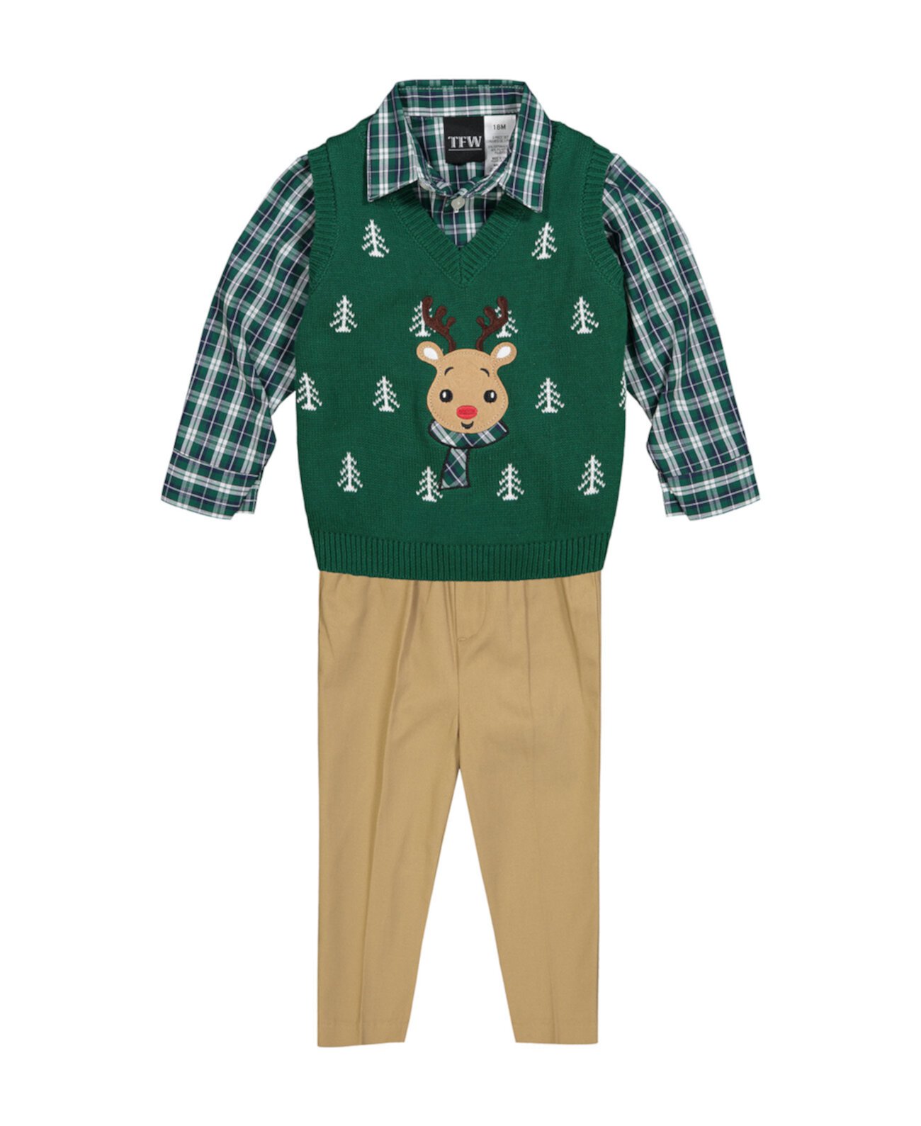 Baby Boys Reindeer Sweater Vest, Shirt and Pant, 3 Piece Set TFW