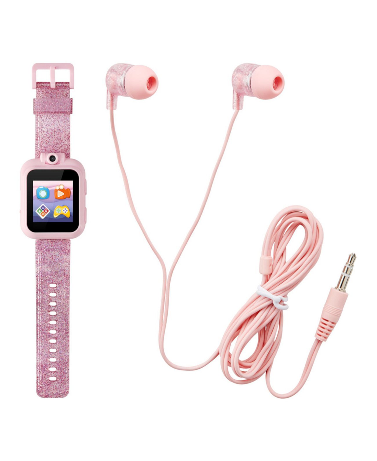 Детские смарт-часы с розовым блестящим силиконовым ремешком и сенсорным экраном 42 мм с наушниками в подарочном наборе Playzoom
