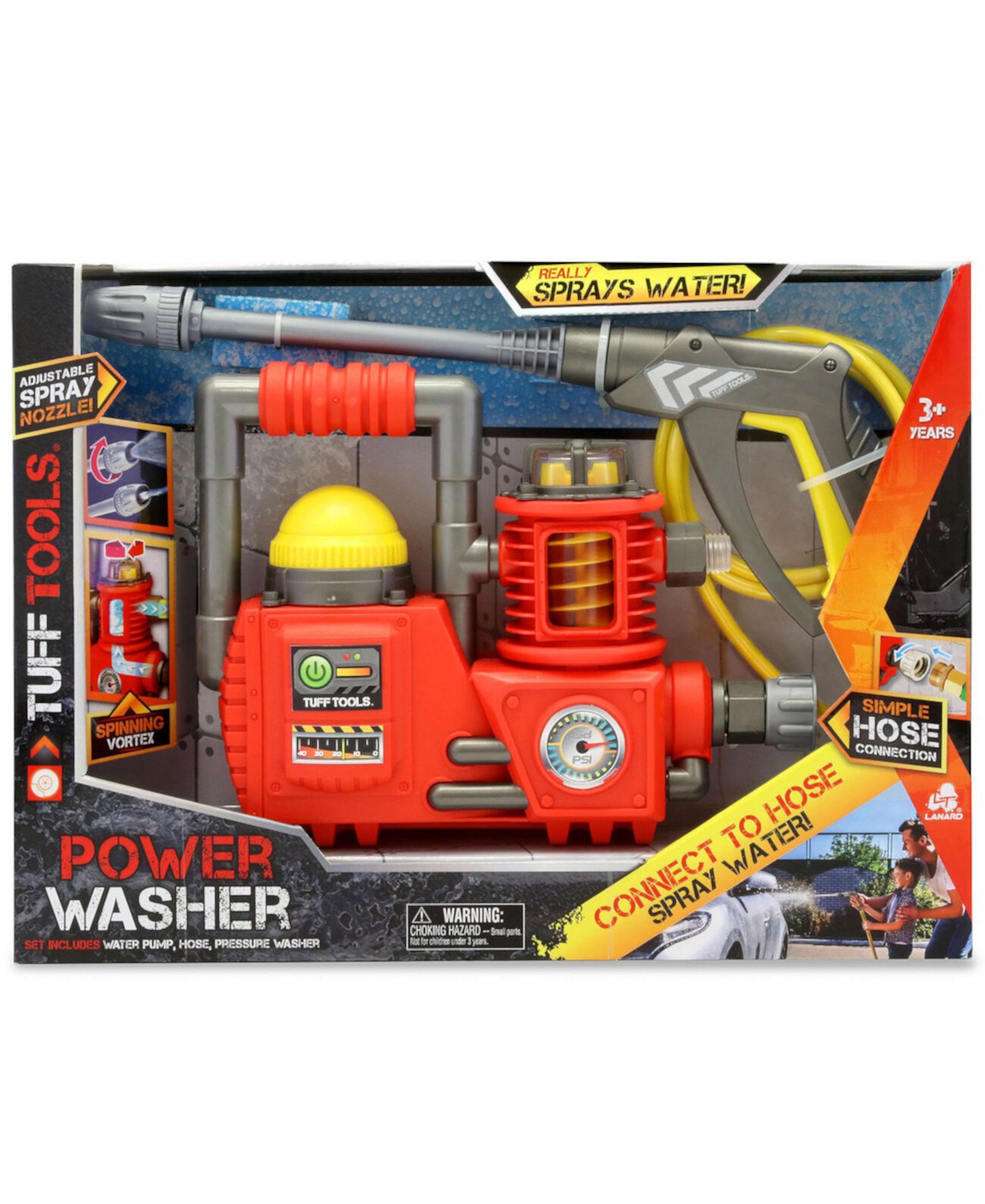 Tuff Tools Power Washer Kids Tool Toy Hose Connecting Sprays Water, Set of 3 Lanard