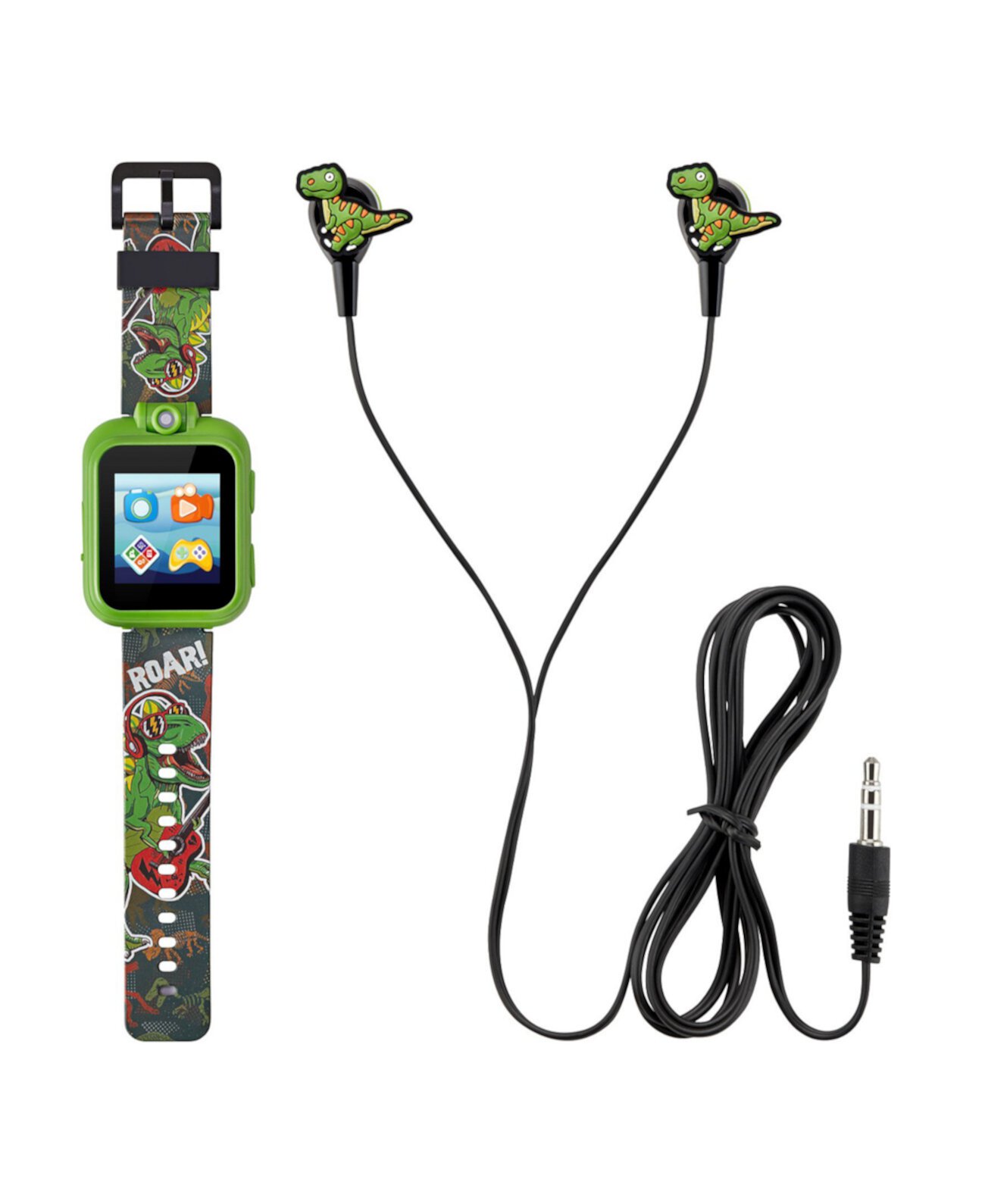 Детские смарт-часы Rockstar с зеленым динозавром и силиконовым ремешком, сенсорным экраном, 42 мм, подарочный набор с наушниками Playzoom