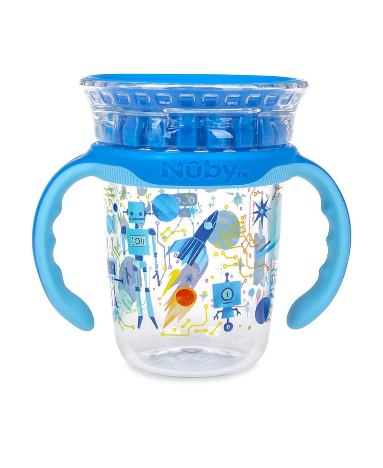 No-Spill Edge 360 2 Stage Drinking Cup with Removable Handles, Blue Robot NUBY