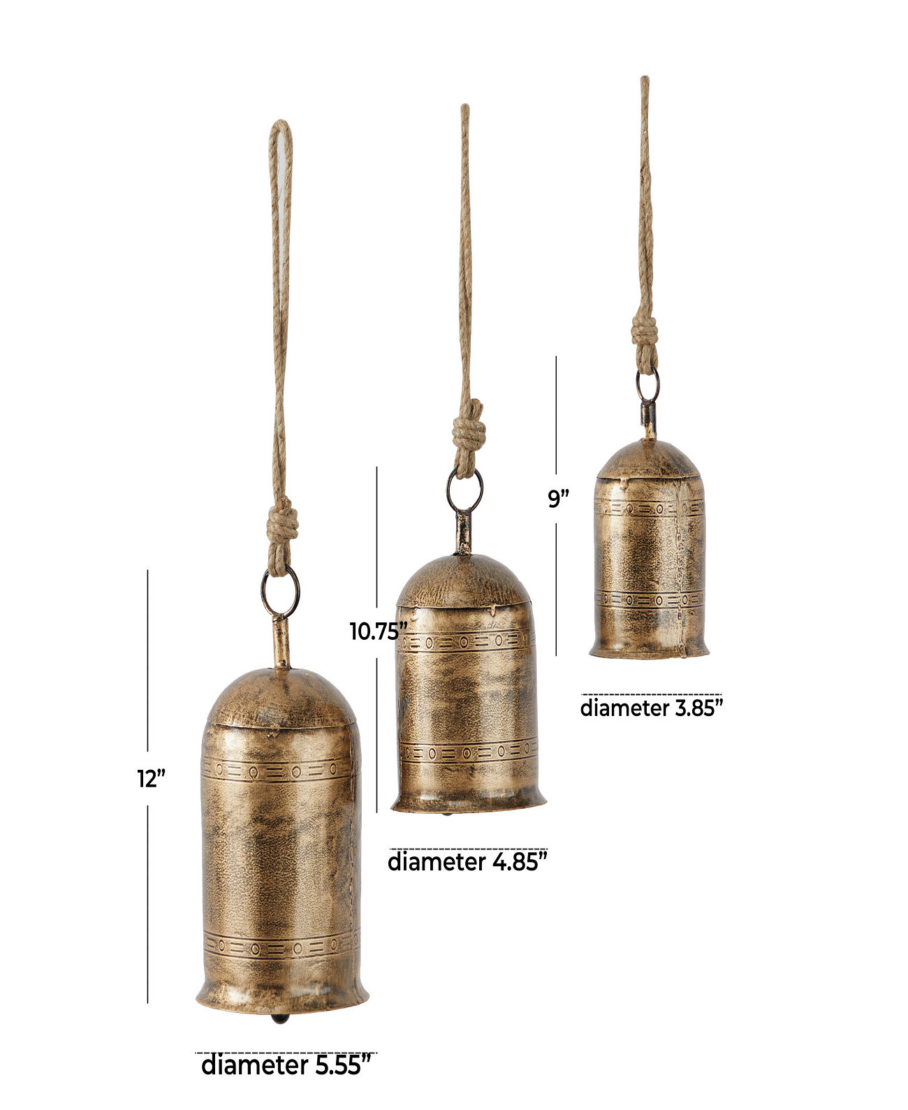 Золотистый металлический богемный декоративный коровий колокольчик с подвесной джутовой веревкой, набор из 3 предметов Rosemary Lane