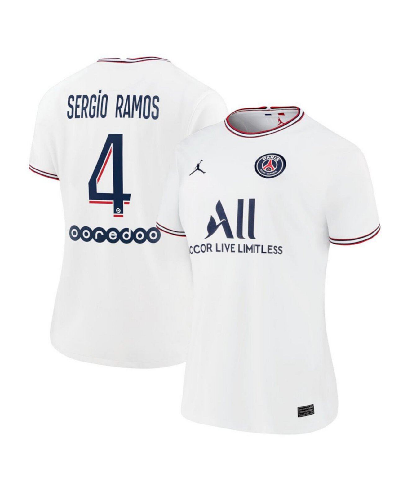 Женская Джерси Jordan Sergio Ramos White Paris Saint-Germain 2021/22 Fourth Replica Jordan