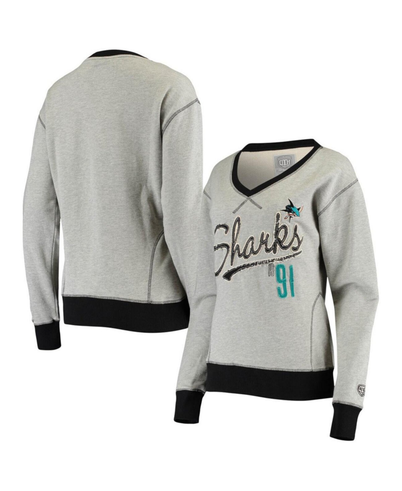 Women's Heathered Gray San Jose Sharks Nidear V-Neck Pullover Sweatshirt Old Time Hockey