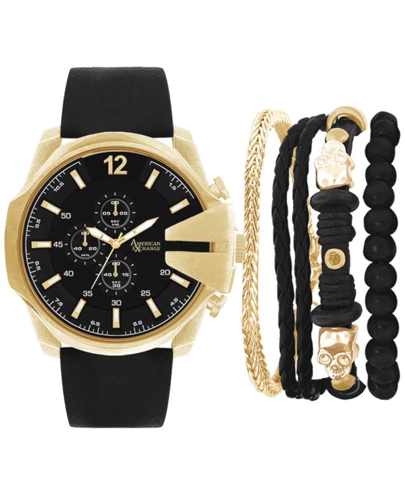 Подарочный набор мужских часов с черным кожаным ремешком 52 мм American Exchange