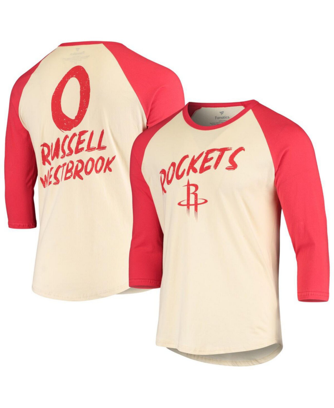 Мужская футболка кремового и красного цвета с логотипом Russell Westbrook Houston Rockets реглан с рукавом 3/4 Fanatics