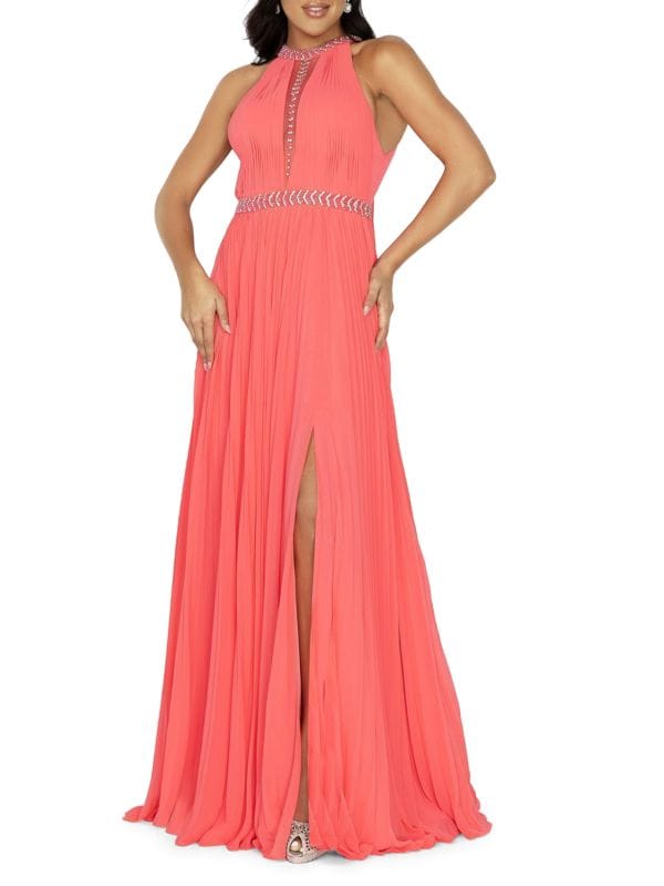 Плиссированное платье с высоким вырезом и бисером Terani Couture