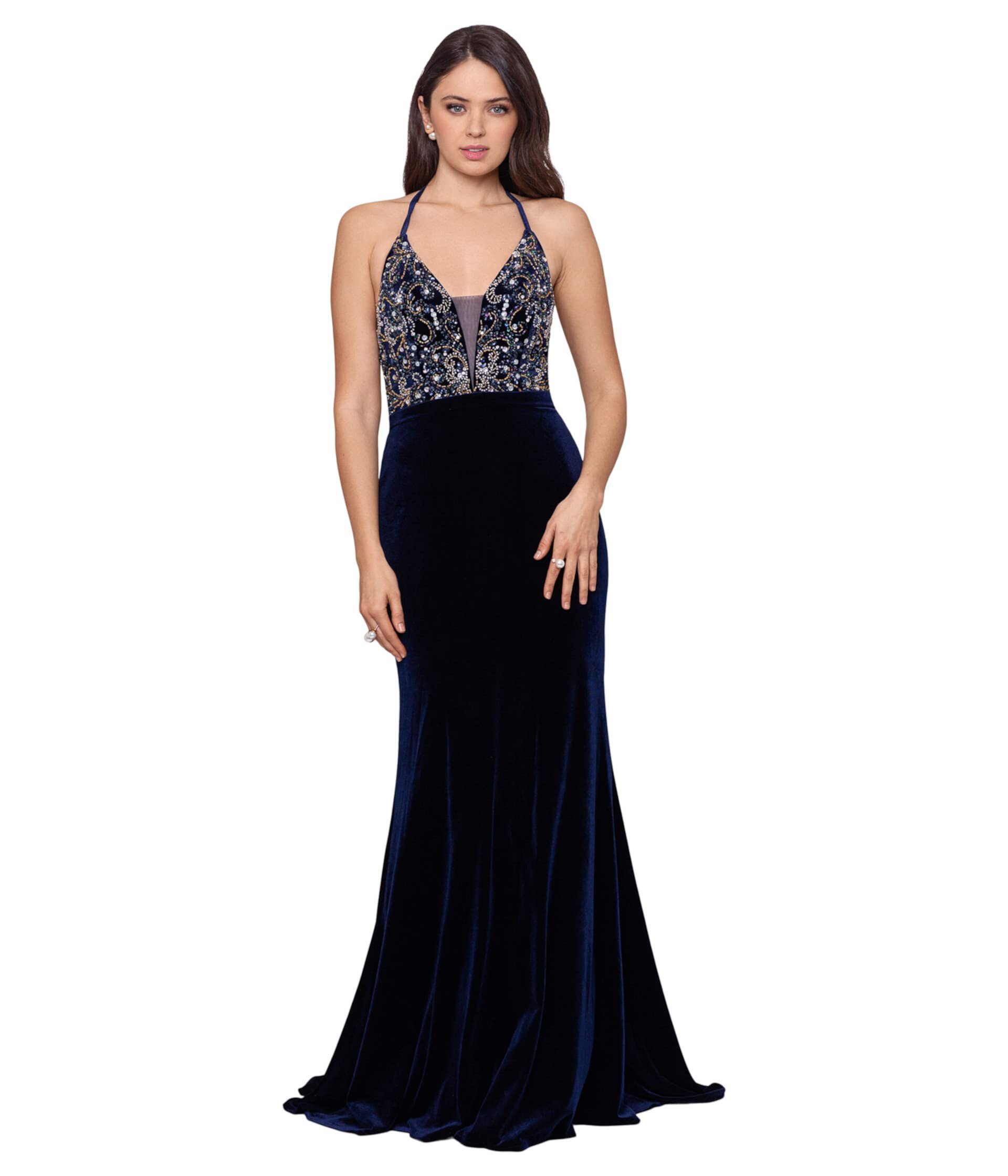 Long Beaded V-Neck Velvet Gown Betsy & Adam