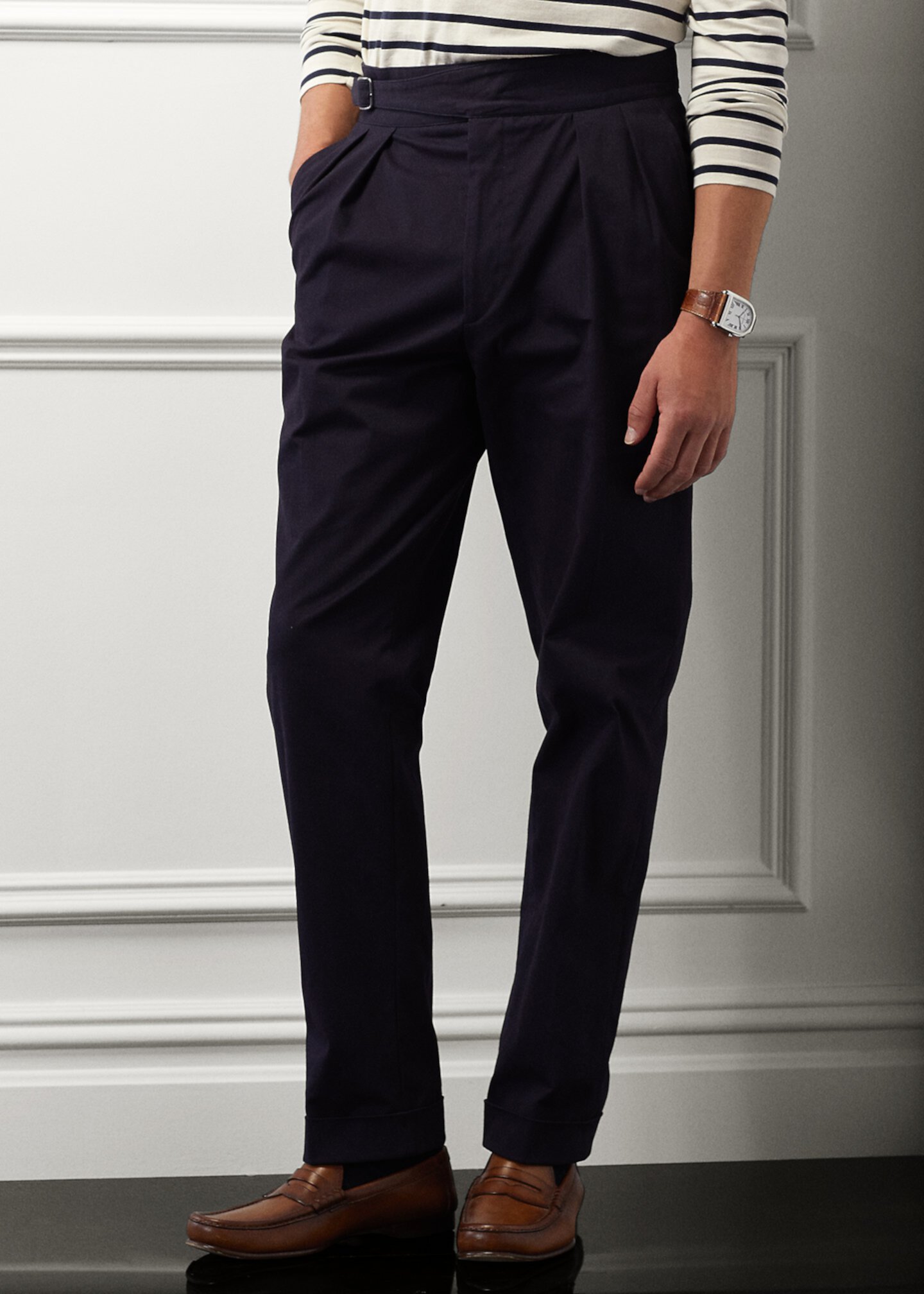 Костюмные брюки из эластичного габардина с пряжками Purple Label