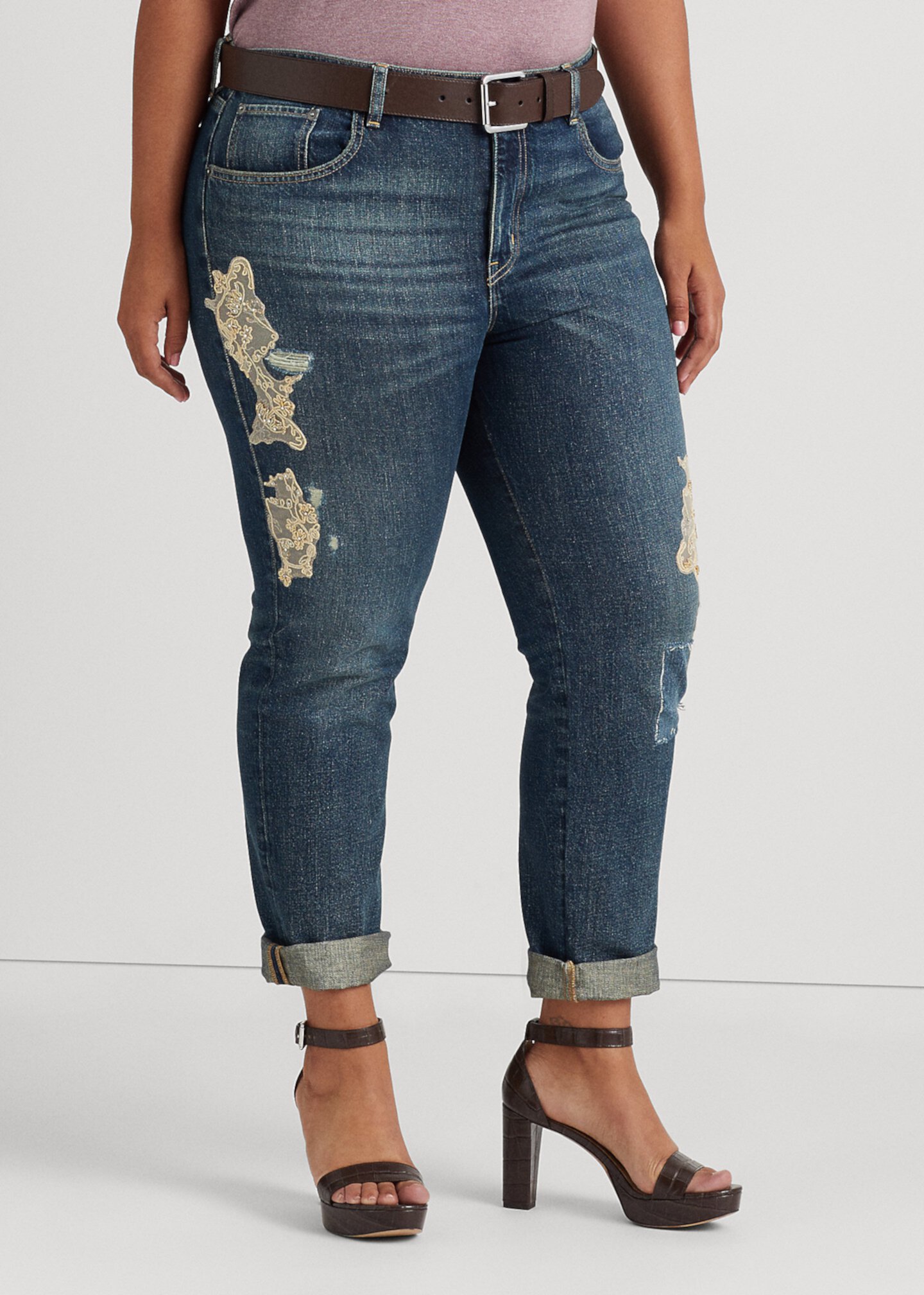 Свободные зауженные джинсы с кружевом в стиле пэчворк Ralph Lauren