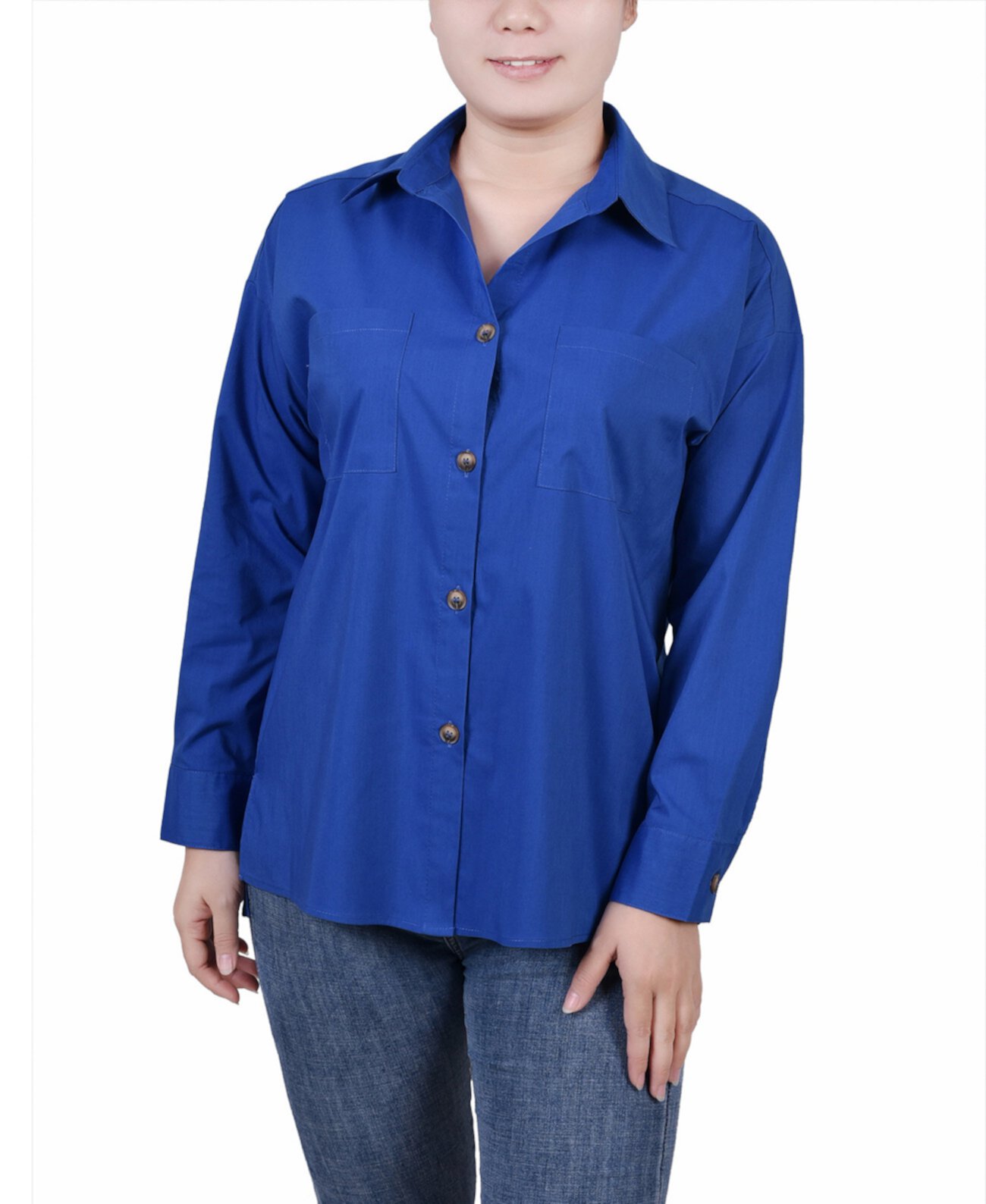 Миниатюрная блузка с длинным рукавом и нагрудными карманами NY Collection