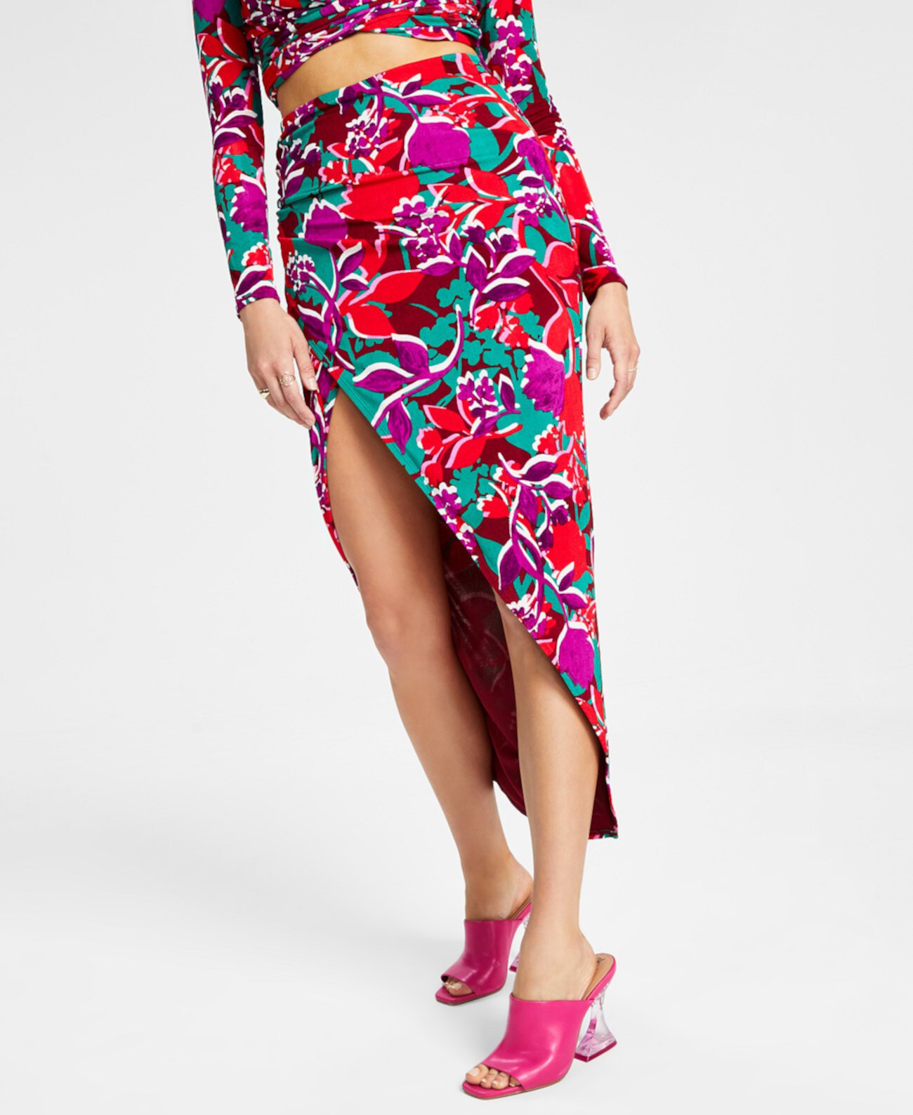Женская юбка миди без застежек с высоким разрезом и цветочным принтом, созданная для Macy's Bar III