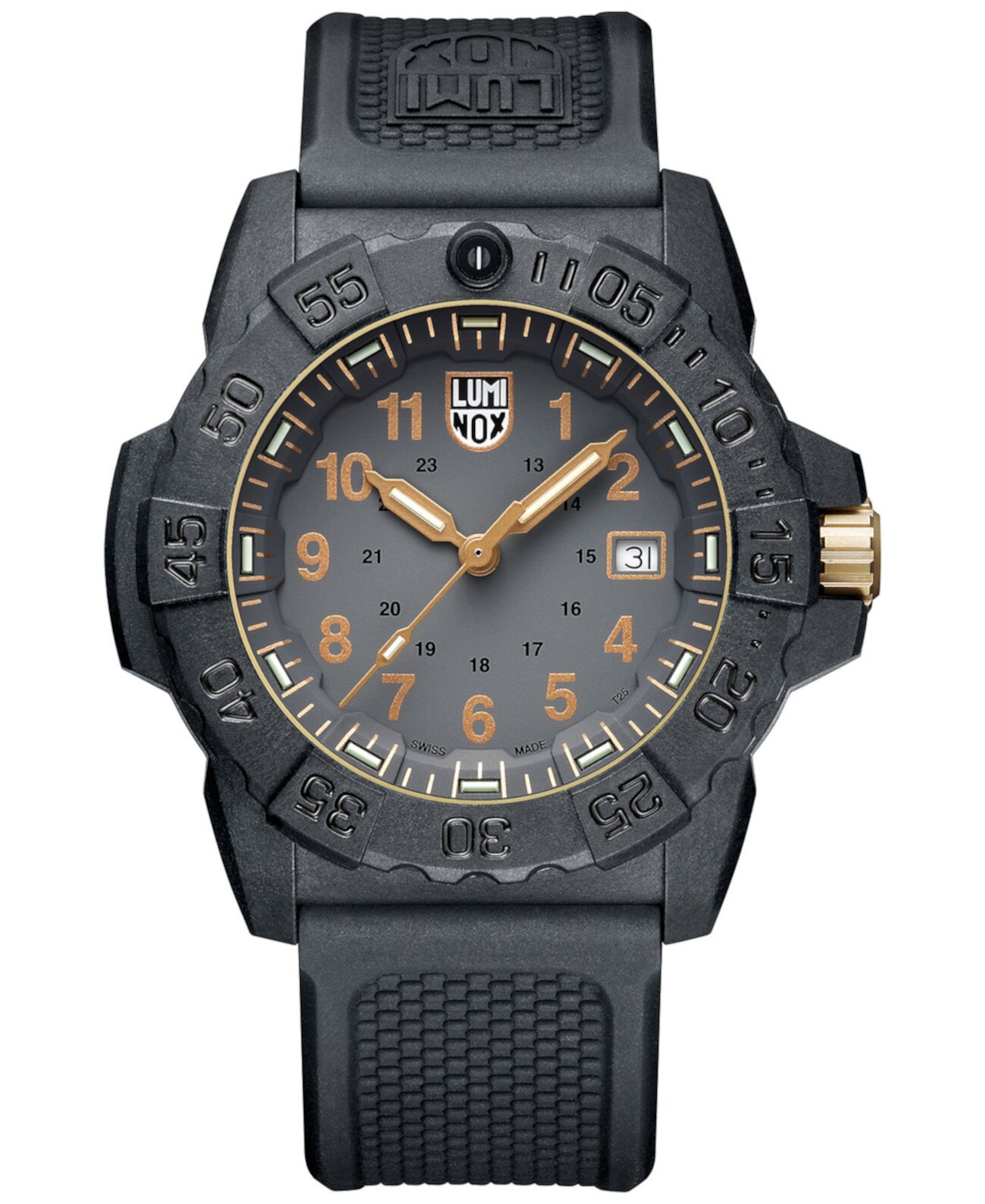 Мужские часы Swiss Navy Seal Military Dive Gold Black с каучуковым ремешком 45 мм Luminox