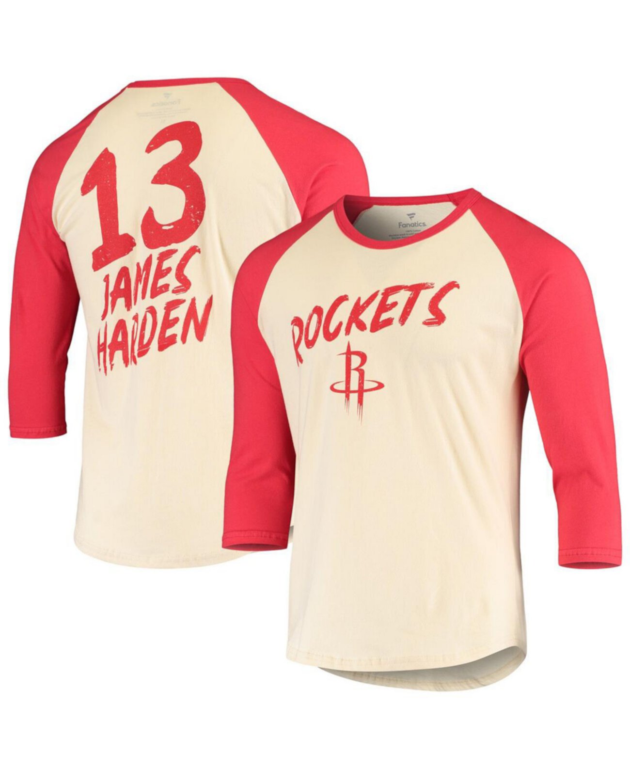 Мужская фирменная футболка James Harden Cream, Red Houston Rockets с рукавом реглан 3/4 Fanatics