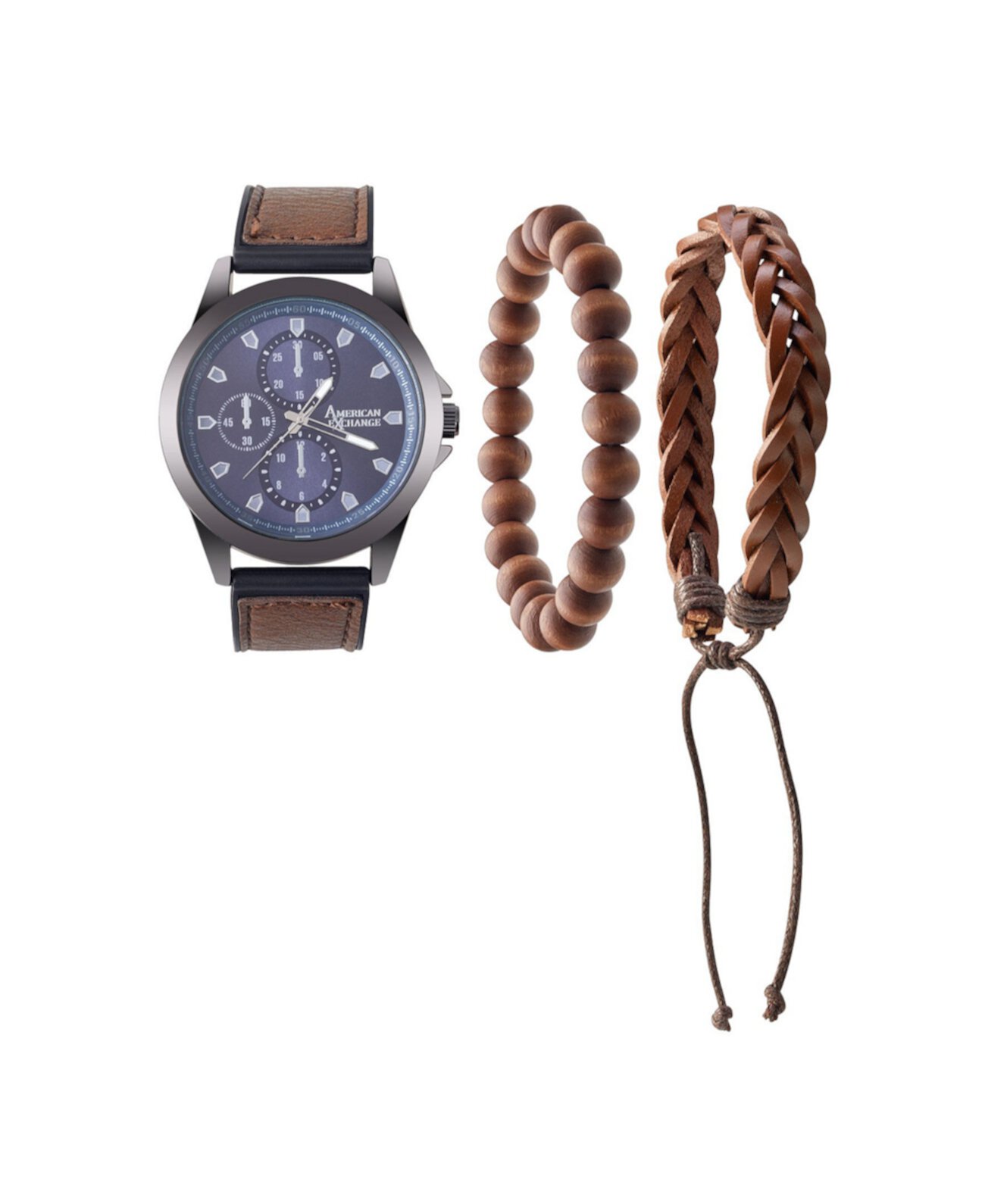 Мужские аналоговые часы с кварцевым механизмом в коричневой коже, 47 мм, набор браслетов с чехлом на молнии American Exchange