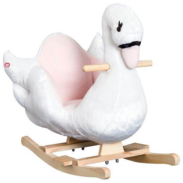 Qaba Kids Ride On Rocking Horse Plush Swan Style Toy with Music for Over 18 Months Children White and Pink Qaba