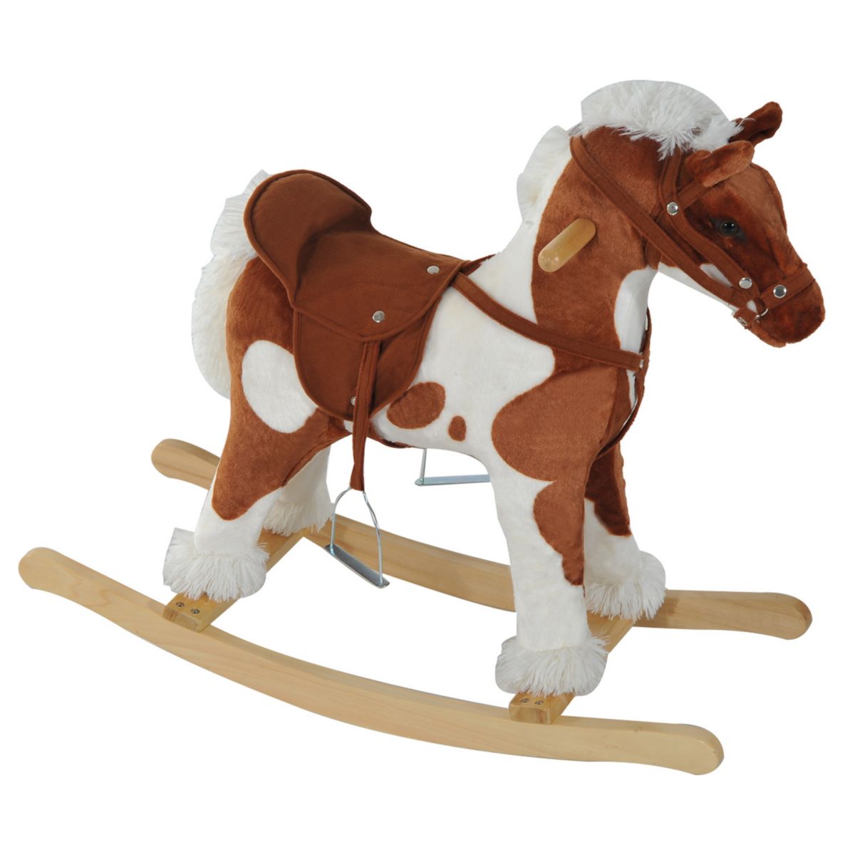 Qaba Kids Plush Ride On Toy Rocking Horse Toddler Plush Animal Rocker with Nursery Rhyme Music   Light Brown / White Qaba