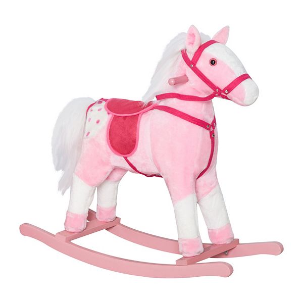 Qaba Kids Plush Toy Rocking Horse Pony Toddler Ride on Animal for Girls Pink Birthday Gifts with Realistic Sounds Pink Qaba