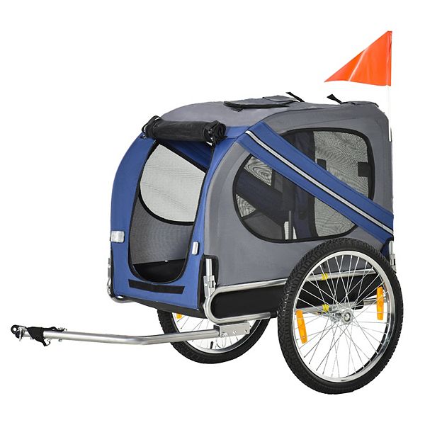 Aosom Dog Bike Trailer Pet Cart Bicycle Wagon Cargo Carrier Attachment for Travel with 3 Entrances Large Wheels for Off Road and Mesh Screen   Light Blue / Grey Aosom