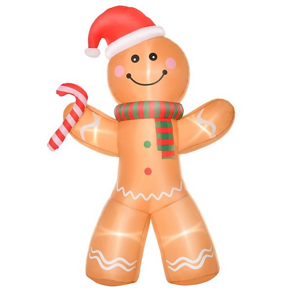 HOMCOM 8ft Christmas Inflatable Gingerbread Man with a Candy Cane Outdoor Blow Up Yard Decoration with LED Lights Display HomCom