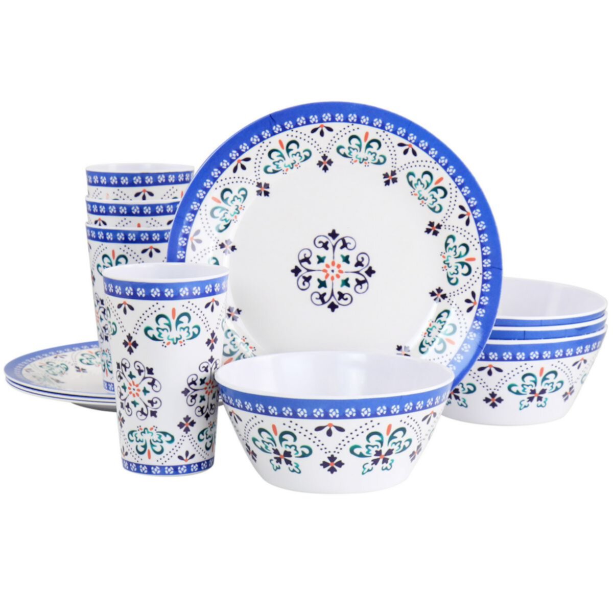 Набор столовой посуды Gibson Everyday Alhambra Blues из 12 предметов с меламином синего и белого цвета Gibson Everyday