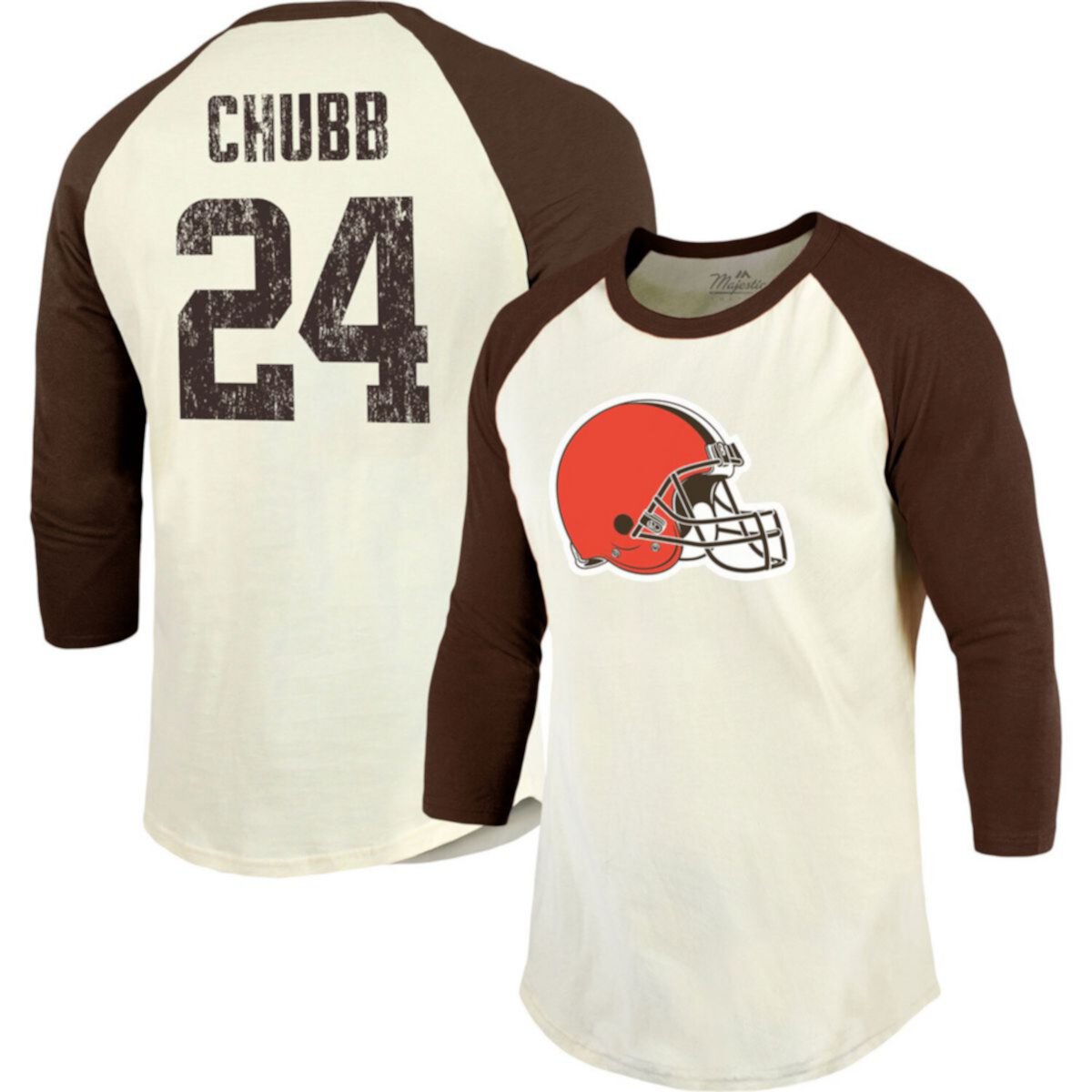 Men's Majestic Threads Nick Chubb Cream/Brown Cleveland Browns Player Name & Number Raglan 3/4-Sleeve T-Shirt Majestic