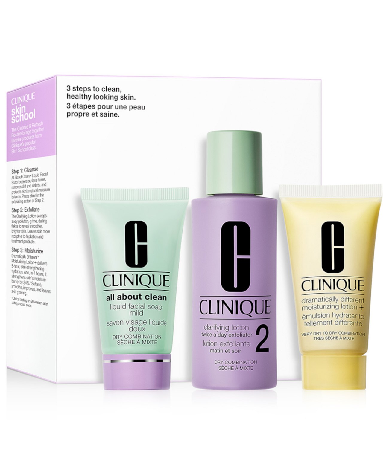 3 шт. Skin School Supplies Cleanse & Refresh Set - Сухая комбинация Clinique
