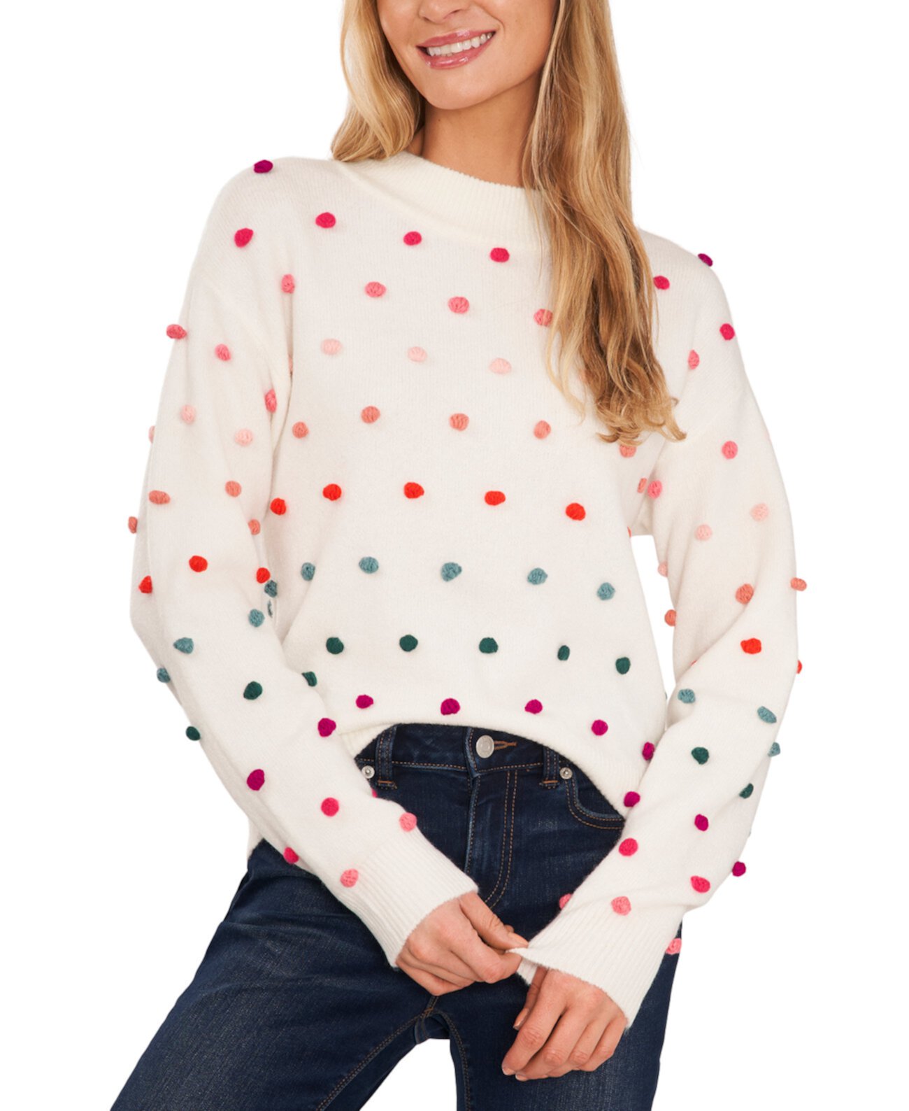 Женский свитер с воротником-стойкой и помпонами в радужных цветах CeCe CeCe