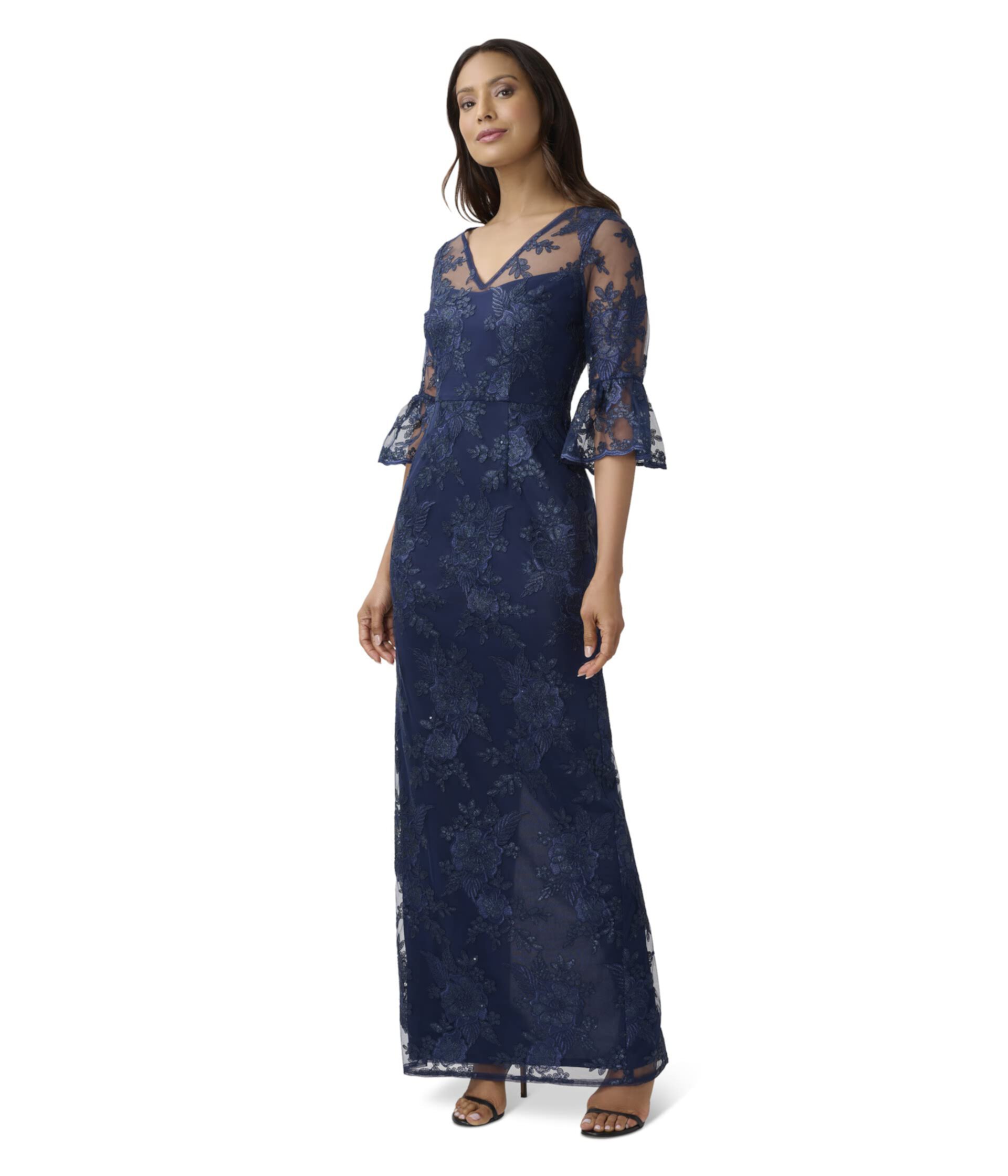Длинное платье-колонна с пайетками и вышивкой и расклешенными рукавами Adrianna Papell