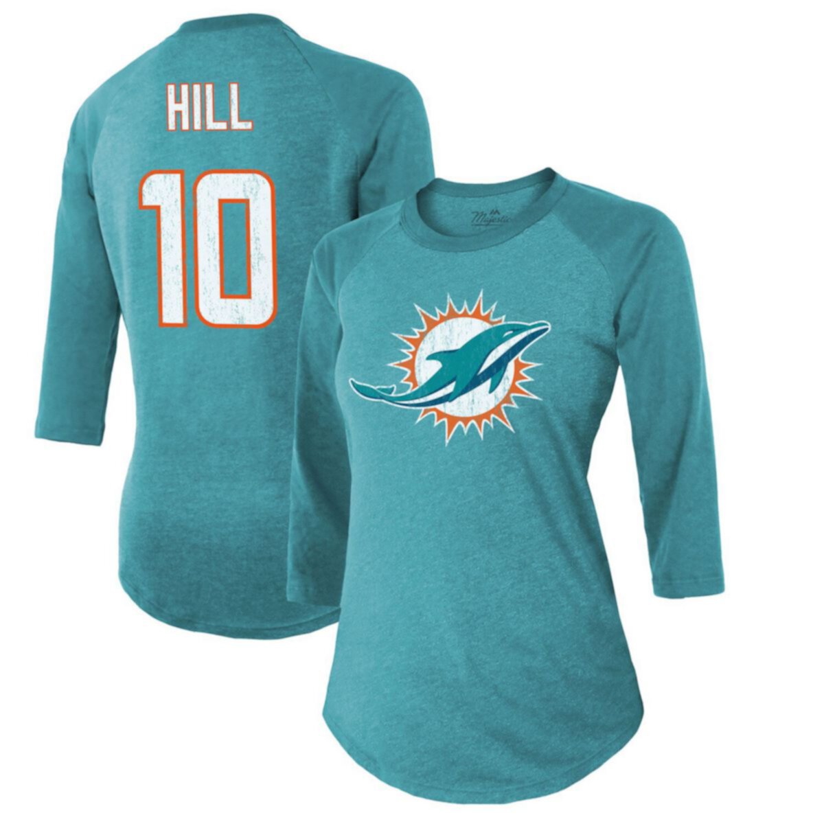 Женская Футболка Majestic Threads Tyreek Hill Aqua Miami Dolphins Name & Number Raglan с рукавом 3/4 Majestic Threads