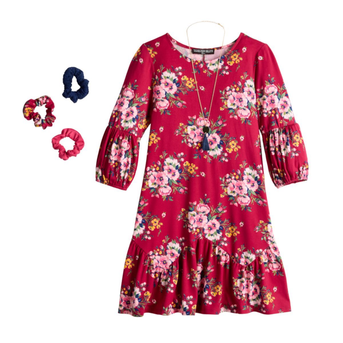Платье в стиле бохо с длинными рукавами и цветочным принтом с тремя розовыми сердечками для девочек 7–16 лет, ожерельем и резинкой для волос Three Pink Hearts