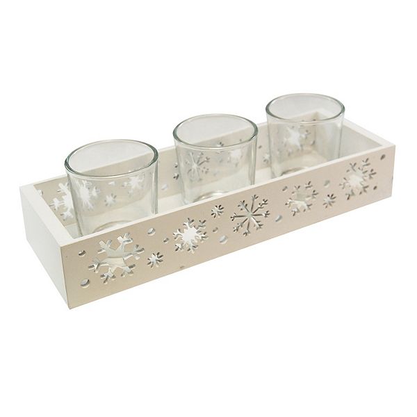 Wooden Snowflake Tray with 3 Glass Candleholders LumaBase