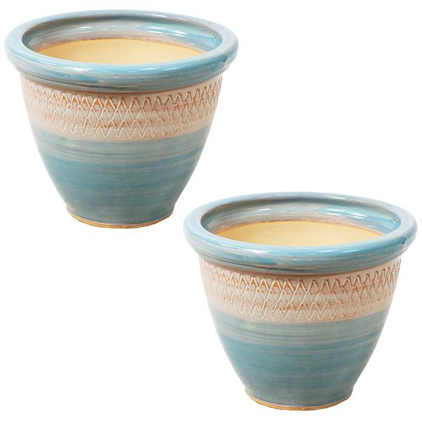 Sunnydaze Purlieu Ceramic Planter - 12&#34; - Shoreline - Set of 2 Sunnydaze Decor