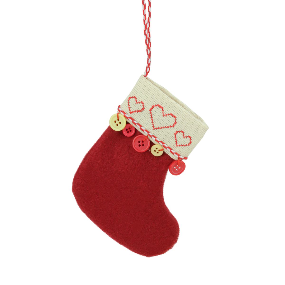 6.5&#34; Red and Tan Embroidered Hearts and Buttons Christmas Stocking Ornament Roman