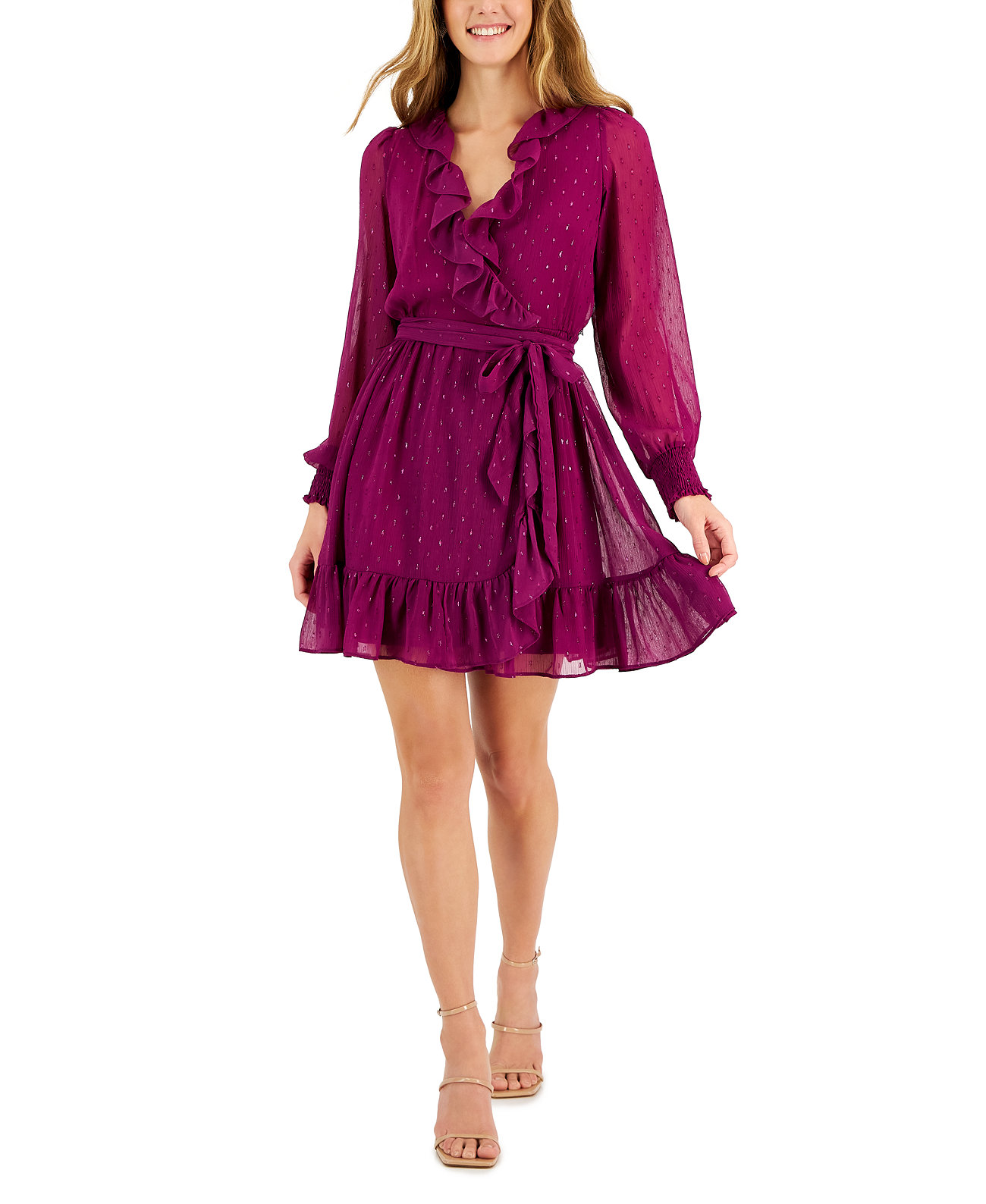 Женское шифоновое облегающее и расклешенное платье с эффектом металлик и клипсой в горошек Taylor
