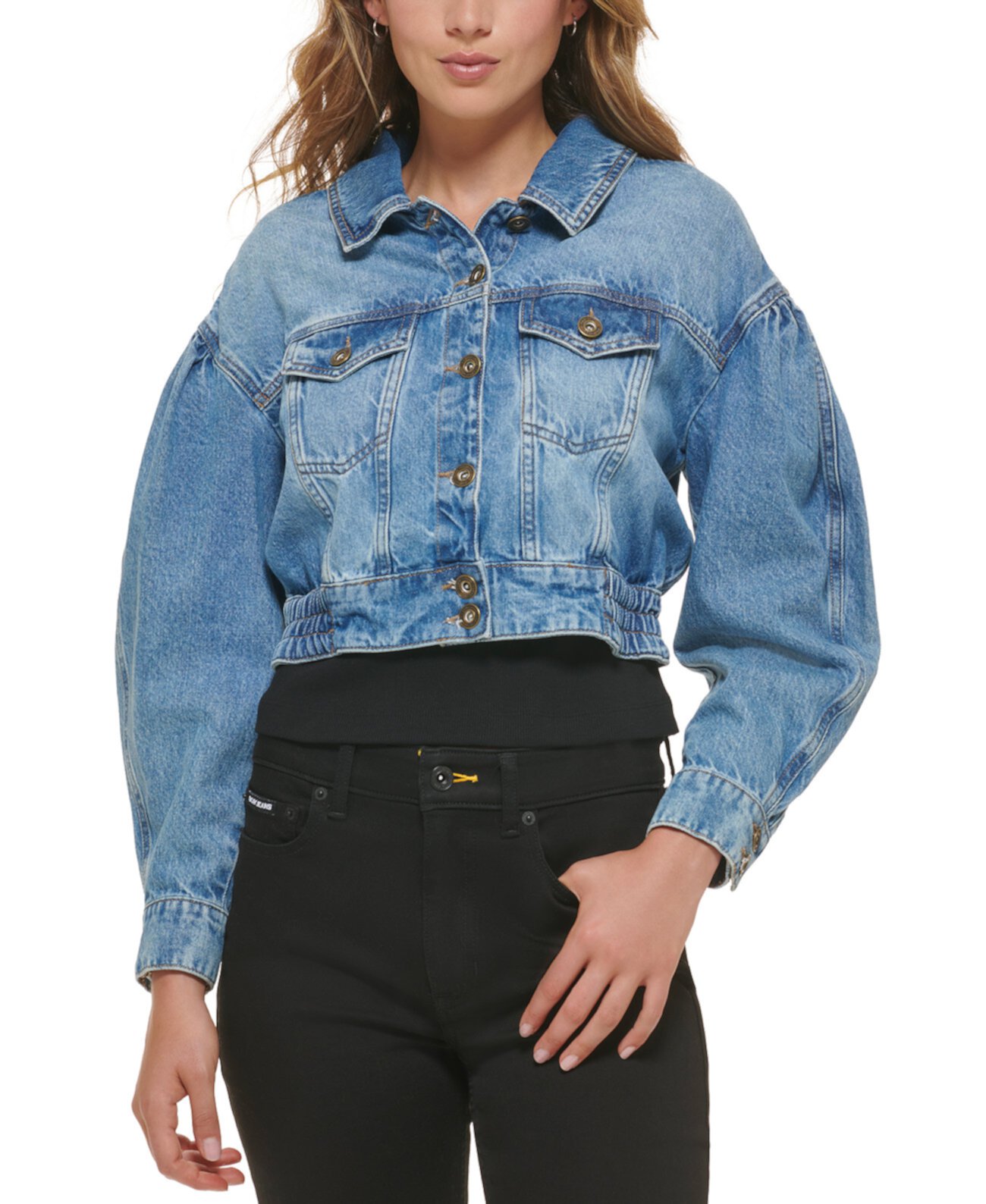 Женская хлопковая укороченная джинсовая куртка с пышными рукавами DKNY