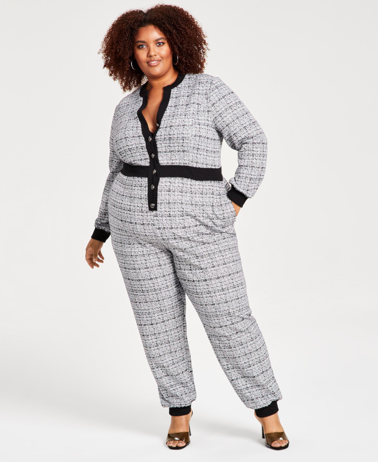 Plus Size Tweed Contrast-Trim Button-Front Jumpsuit, Created for Macy's Nina Parker