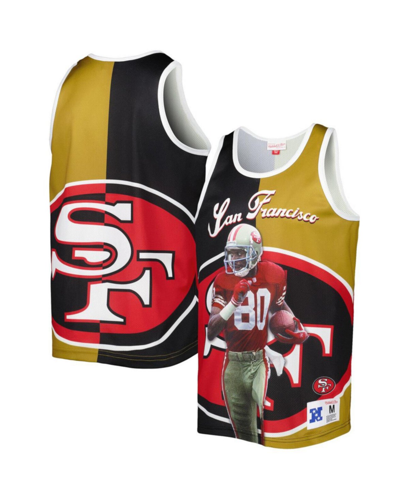 Мужская Джерси Mitchell & Ness Jerry Rice Черная, Золотая Сан-Франциско 49ерс Графическая Майка Mitchell & Ness