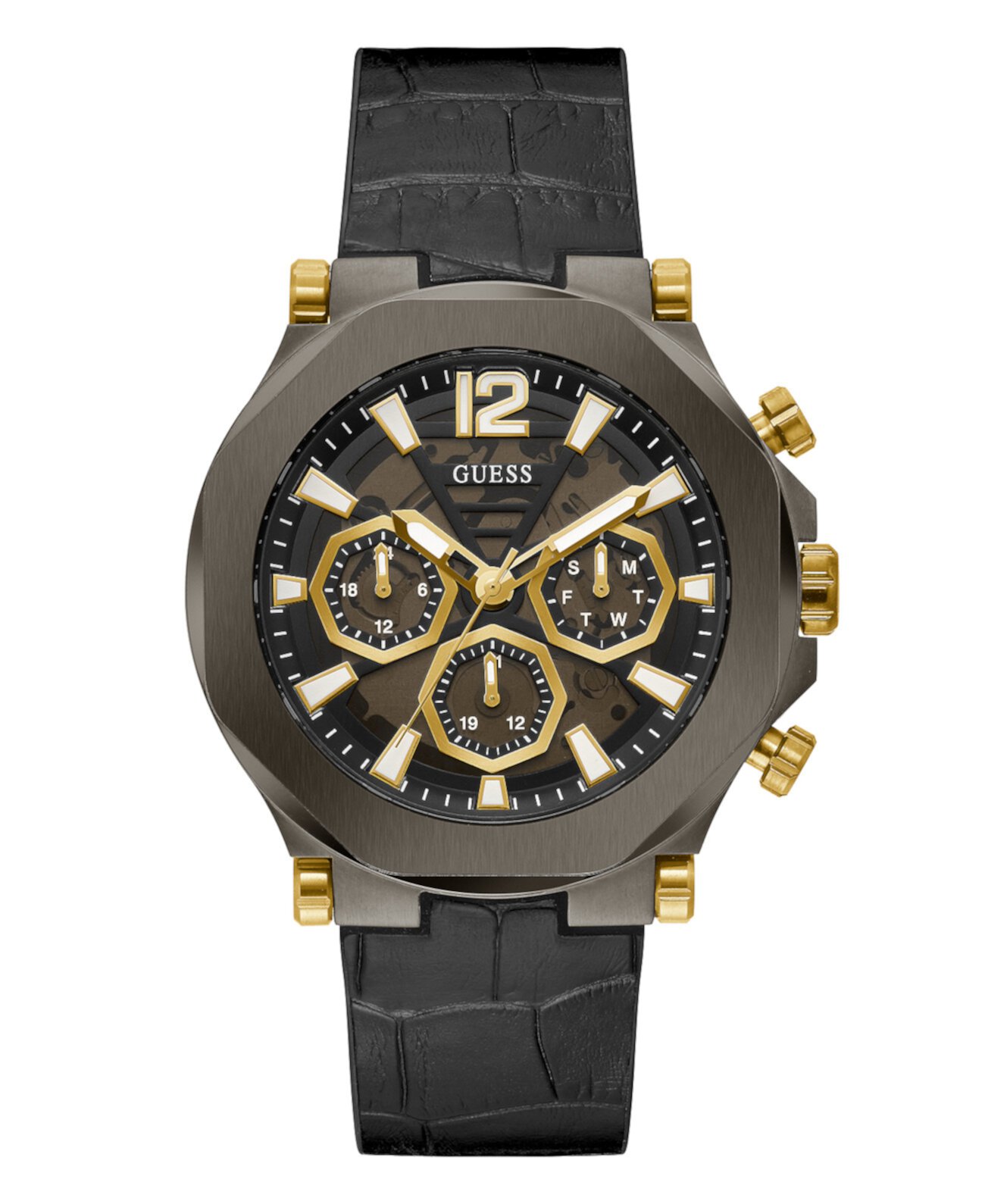 Мужские многофункциональные часы черного цвета с металлическим отливом из натуральной кожи и силикона 46 мм GUESS