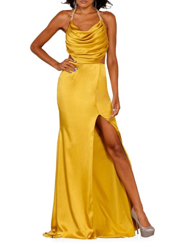 Атласное платье с хомутом и высоким разрезом Terani Couture
