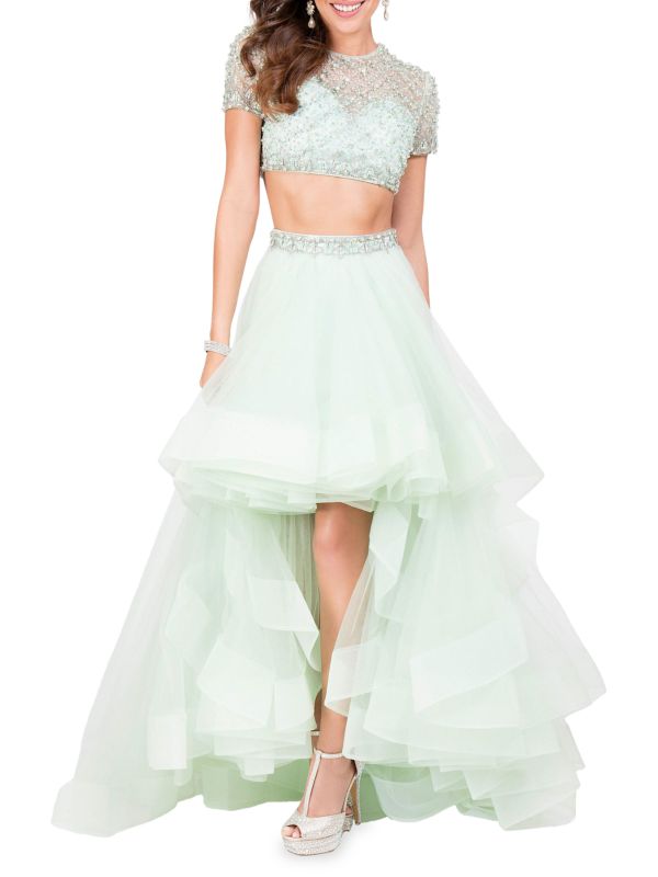 Комплект из двух предметов: топ Illusion, расшитый бисером, и многоярусная юбка Terani Couture