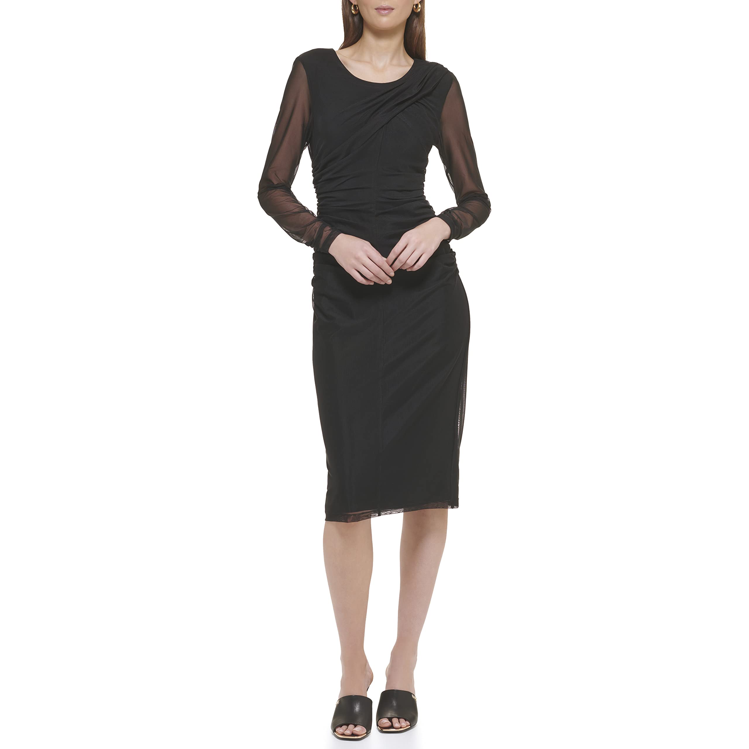 Сетчатое платье-миди с круглым вырезом и рюшами с длинными рукавами DKNY