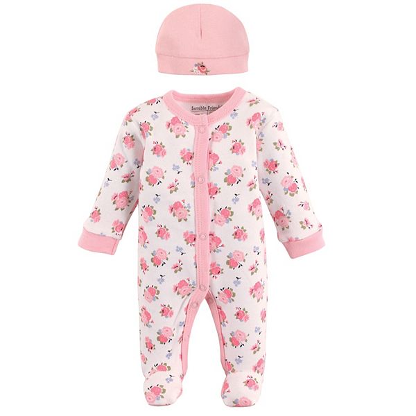 Детские пижамы Luvable Friends Baby Girl Cotton Preemie Snap Sleep and Play and Cap 2pc Set, Floral Luvable Friends