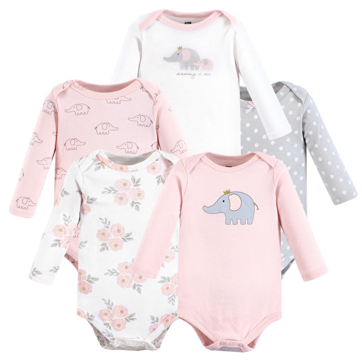 Hudson Baby Infant Girl Хлопковые боди с длинными рукавами, розово-серый слон, 5 шт. в упаковке Hudson Baby