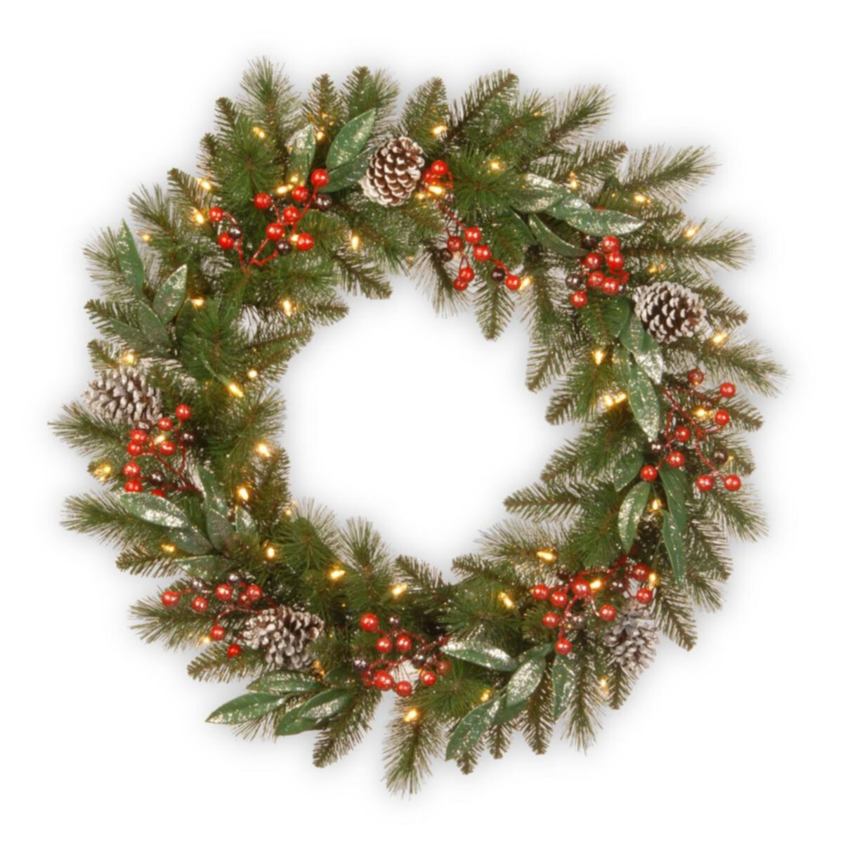 24&#34; Pre-Lit Frosted Pine Berry Artificial Christmas Wreath -  LED Lights Battery Operated CC Christmas Decor