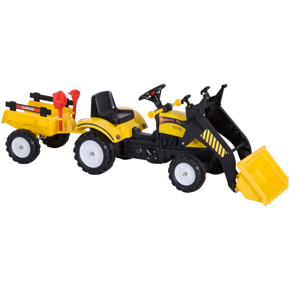 Aosom Ride On Kids Bulldozer/Excavator Toy with Real Working Dirt Bucket Easy Pedal Controls 6 Wheels and Cargo Trailer Aosom